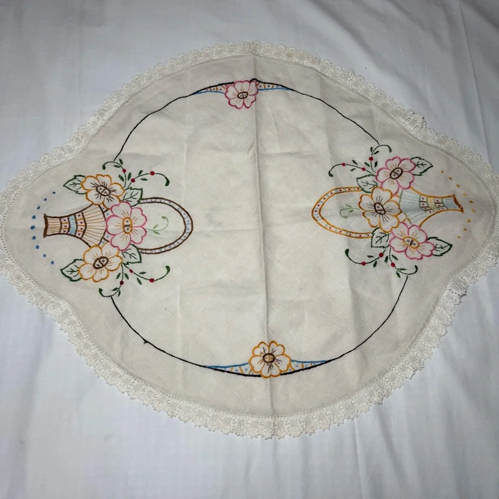 Vintage Linen Cross Stitch Oval Table Floral Basket 28”x21.5” Basket Of Flowers